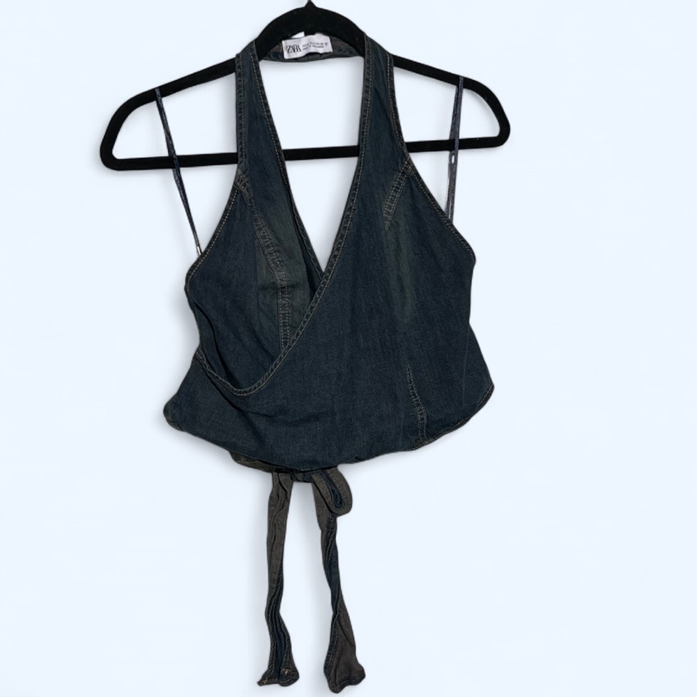 Zara Denim Halter Open Tie-Back Top Size Medium